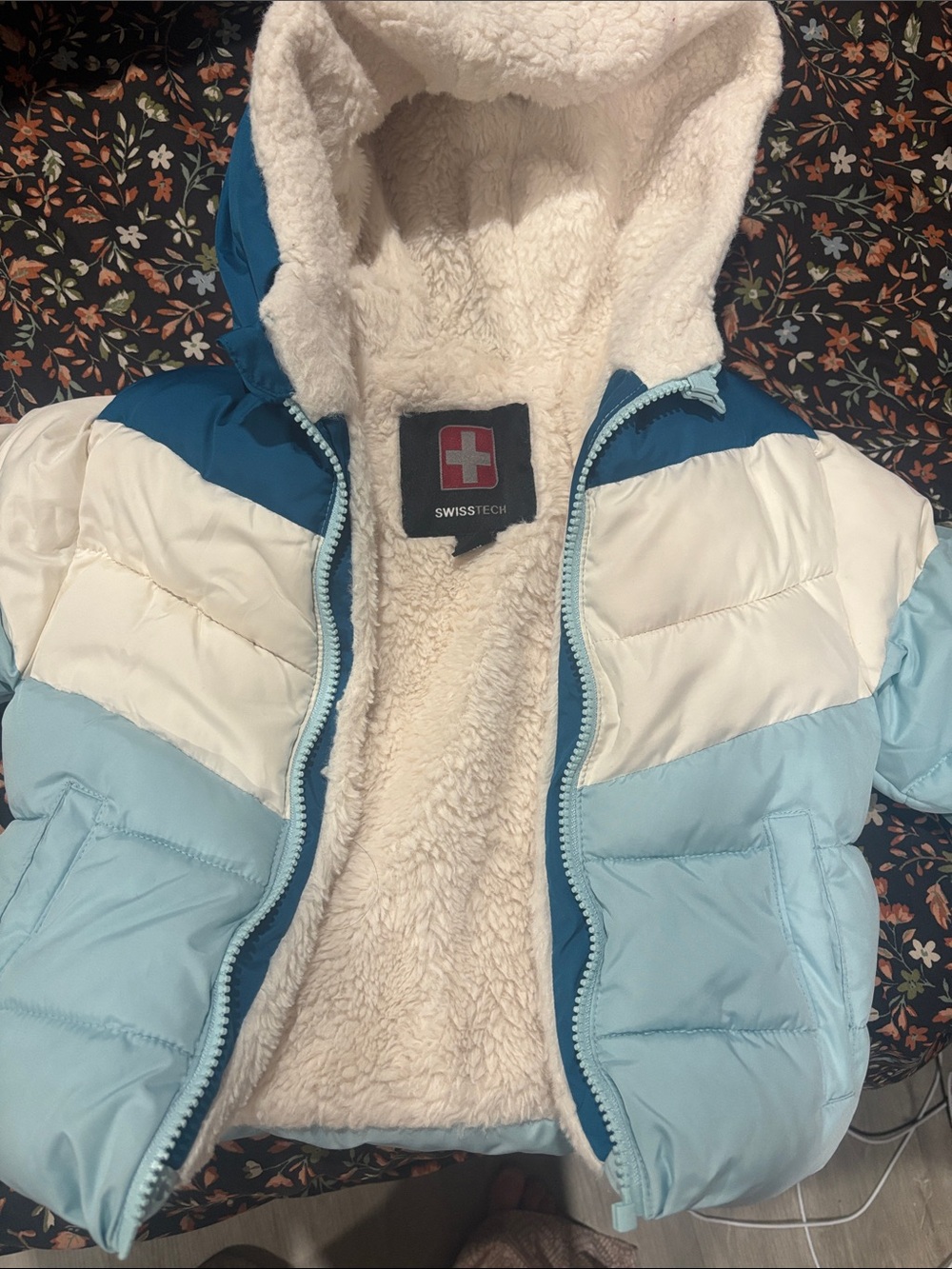 Swiss Tech Kids Tri-Tone Blue & White Puffer Jacket with Sherpa Hood